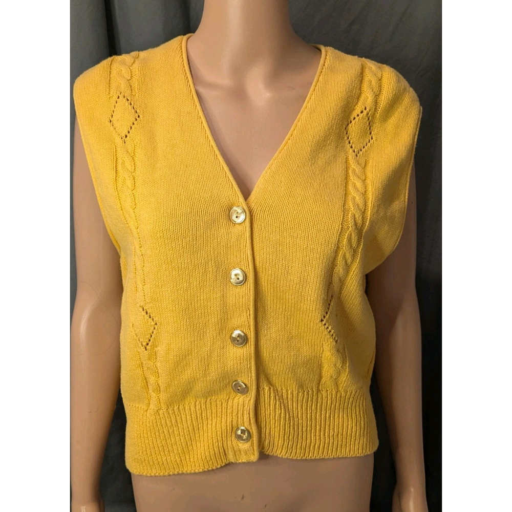 Vintage Cotton Forever Woman's Medium Sweater Vest Yellow Cable Knit Grannycore